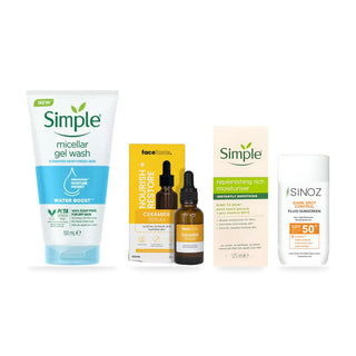 Tui Hydrate + Restore bundle: Simple Micellar Gel Wash, Face Facts ceramide serum, Simple rich moisturiser and Sinoz Dark Spot Control SPF50+.