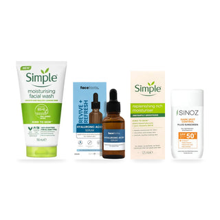 Tui Hydrate + Protect bundle: Simple Moisturising Facial Wash, Face Facts hyaluronic acid serum, Simple rich moisturiser and Sinoz SPF50+.
