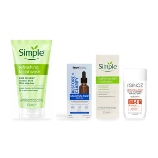 Tui Clarify + Balance bundle: Simple Refreshing Facial Wash, Face Facts salicylic acid serum, Simple light moisturiser and Sinoz Sebum Balance SPF50+.