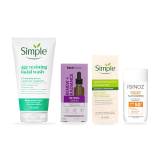 Tui Renew + Protect bundle: Simple Age Resisting Facial Wash, Face Facts retinol serum, Simple rich moisturiser and Sinoz SPF50+.