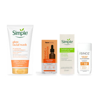 Tui Glow + Protect bundle: Simple Glow Facial Wash, Face Facts caffeine serum, Simple light moisturiser and Sinoz Dark Spot Control SPF50+.