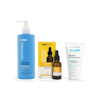 Face Facts Clarify + Restore Ceramide Trio: niacinamide cleanser, ceramide serum and blemish gel moisturiser, upright on white.