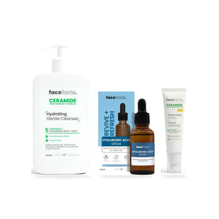 Face Facts Hydrate + Protect Ceramide Trio: 400ml hydrating cleanser, hyaluronic acid serum and SPF30 moisturising cream, upright on white.