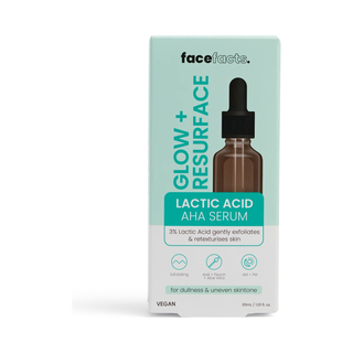 Face Facts Glow & Resurface Lactic Acid Facial Serum 30ml, retail packaging, front view