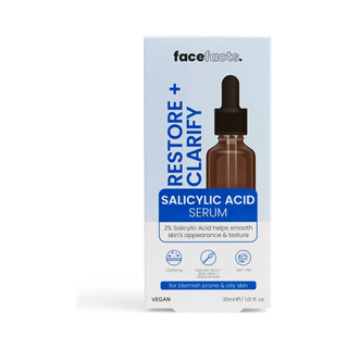 Face Facts Restore & Clarify Salicylic Acid Facial Serum 30ml, retail carton, front view