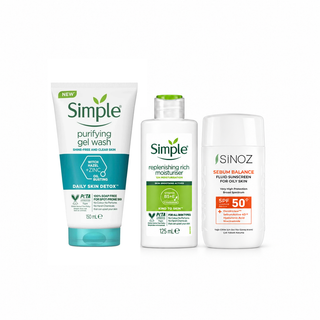 Acne-Prone Skin Bundle: Simple Purifying Face Wash 150ml, Simple Replenishing Rich Moisturizer 125ml, Sinoz Sunscreen Sebum Balance Fluid SPF 50+ 50ml, one of each, front view.