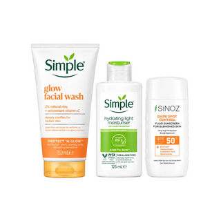 Brightening Skin Bundle: Simple Glow Facial Wash 150ml, Simple Hydrating Light Moisturizer 125ml, Sinoz Sunscreen Dark Spot Control Fluid SPF 50+ 50ml, one of each, front view.