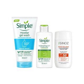 Normal Skin Bundle: Simple Micellar Gel Wash 150ml, Simple Replenishing Rich Moisturizer 125ml, Sinoz Sunscreen Sebum Balance Fluid SPF 50+ 50ml, one of each, front view.