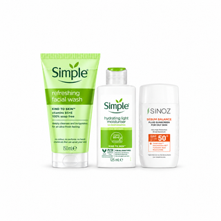 Oily Skin Bundle: Simple Refreshing Facial Wash 150ml, Simple Hydrating Light Moisturizer 125ml, Sinoz Sunscreen Sebum Balance Fluid SPF 50+ 50ml, one of each, front view.