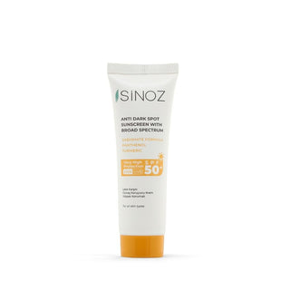 Sinoz Anti-Dark Spot Sunscreen SPF 50+ 50ml white tube with orange cap, front view
