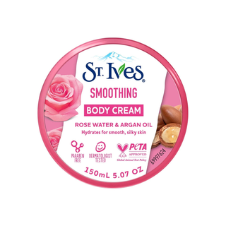 St. Ives Smoothing Rose Water & Argan Oil Body Cream 150ml, lid label view